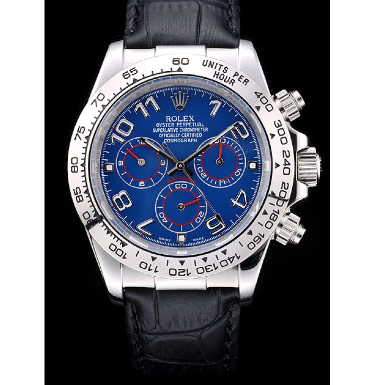 Good copy rolex watches Stainless Blue Rolex Case Steel Black Dial Daytona Strap Leather 0816